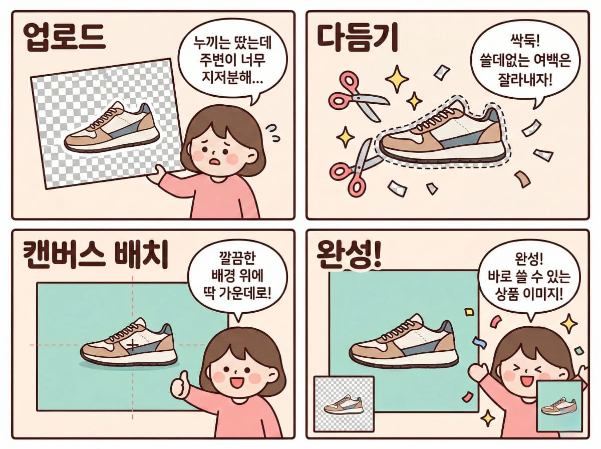 배경 합성 사용 가이드 - 업로드, 다듬기, 캔버스 배치, 완성 4단계